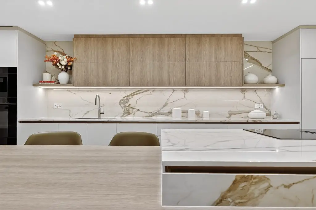 Premium kitchen materials and bespoke cabinetry detailing in a luxury London kitchen showroom
