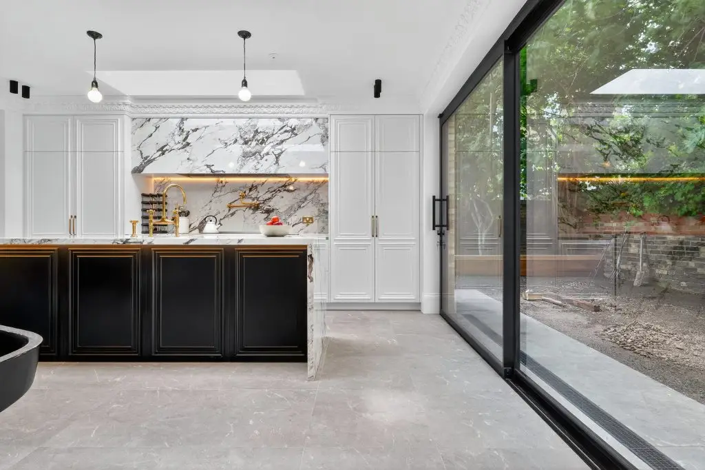 Luxury shaker kitchen with marble worktops designed for a Hampstead townhouse